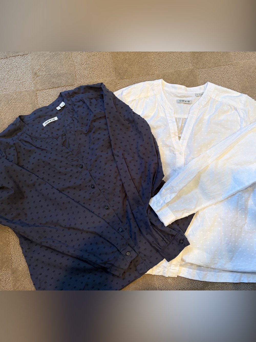 Orvis Pair of Navy and White Dot Button-Front Blouses